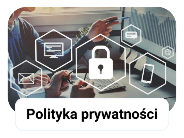 Ekran z grafiką o ochronie danych z ikonami i napisem "Polityka prywatności".